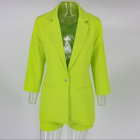 Neon Green Two Piece Blazer and Shorts Suit - Picture 5 of 6
